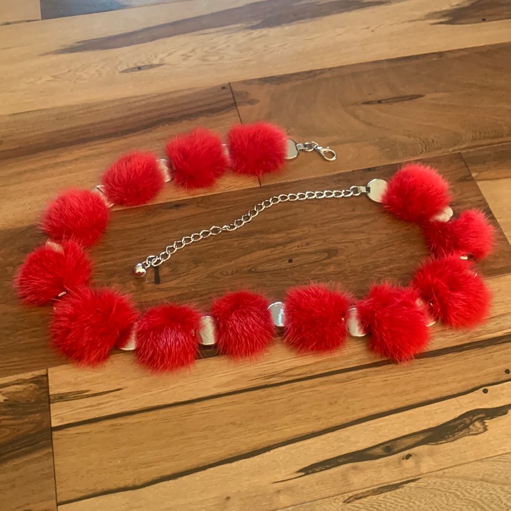 Silver and Red Fur Chain Belt